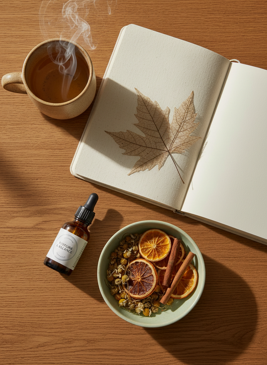 A meticulously arranged wellness flat lay on a warm oak tabletop, featuring a stoneware mug of herbal tea with rising steam, an open linen-covered journal with a pressed leaf between its pages, and a small amber glass dropper bottle labeled with subtle, minimalist typography. A pale green ceramic bowl holds loose tea leaves and dried citrus slices. Soft morning sunlight pours in from the left, casting gentle, elongated shadows and illuminating the textures of linen, wood, and ceramic. Photographic realism, shot from a directly overhead, bird’s-eye perspective with crisp focus and a calm, sophisticated mood, evoking intentional living, reflection, and grounded daily rituals.