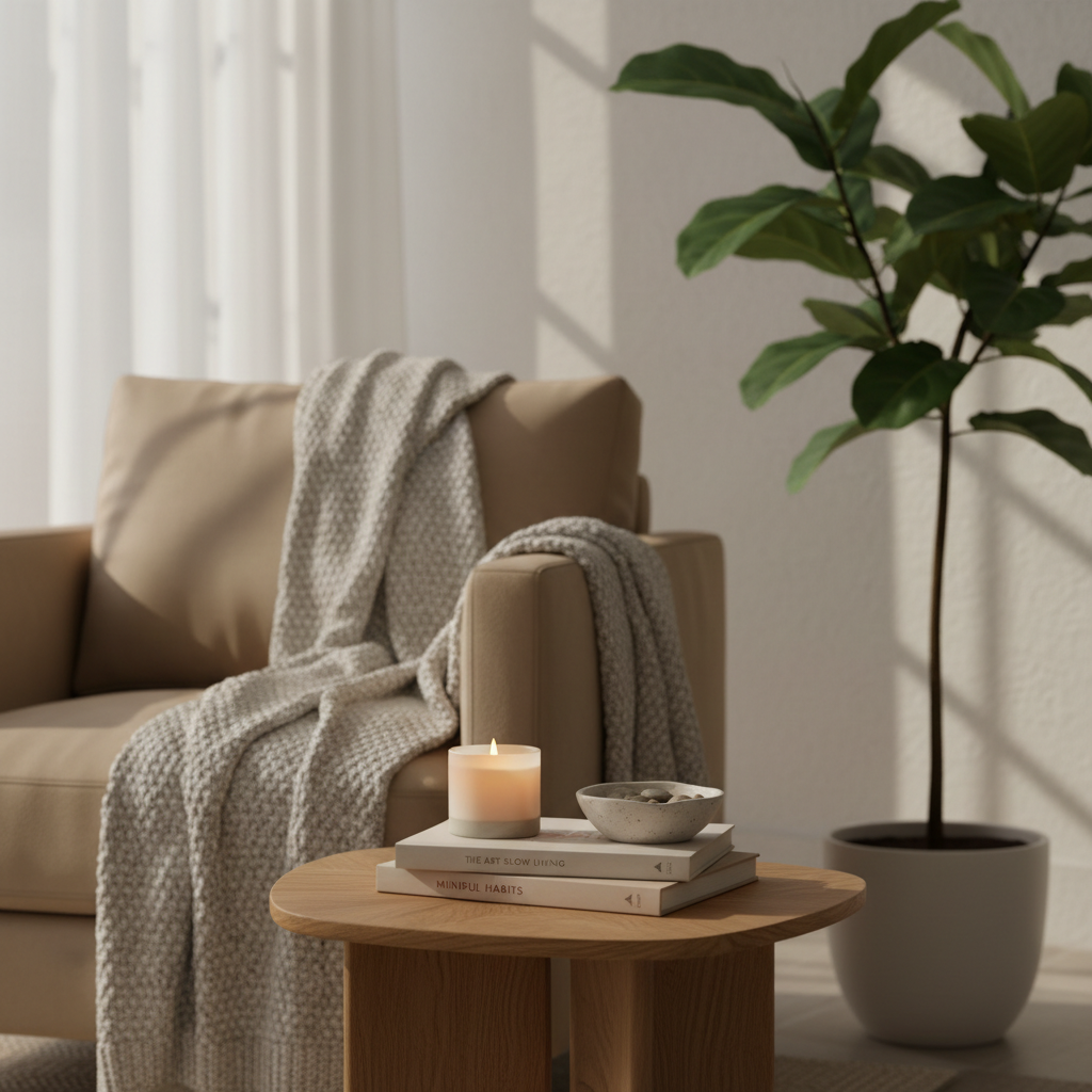 A serene living room corner designed for mindful rest, featuring a low, natural oak side table holding a lit beeswax candle in a frosted glass holder, a stack of thoughtfully designed wellness books, and a small speckled clay bowl of polished river stones. In the background, a plush, sand-colored armchair is draped with a textured, chunky-knit blanket, and a tall fiddle-leaf fig in a matte ceramic pot anchors the space. Late afternoon light filters through sheer white curtains, creating a soft, golden glow and delicate shadow patterns on the wall. Photographic realism at eye level with a slightly shallow depth of field, clean and sophisticated, evoking calm, rooted connection and intentional home space.