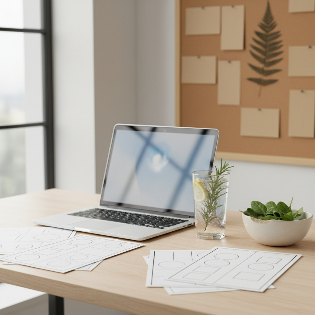 An elegant educational wellness scene featuring an open laptop on a clean, pale birch desk, its screen intentionally blurred to suggest digital resources without text. Surrounding it are printed, text-free wellness worksheets with simple, geometric diagrams, a clear glass of infused water with lemon and rosemary, and a matte ceramic bowl with a few fresh green leaves symbolizing natural health. A corkboard in the background holds pinned blank kraft cards and a single pressed fern, suggesting organized learning. Soft, bright overcast daylight from a large window illuminates the scene evenly, reducing harsh shadows. Photographic realism from an eye-level, three-quarter angle, with moderate depth of field, conveying a sophisticated, modern, and organized space for learning about intentional living and holistic wellness.